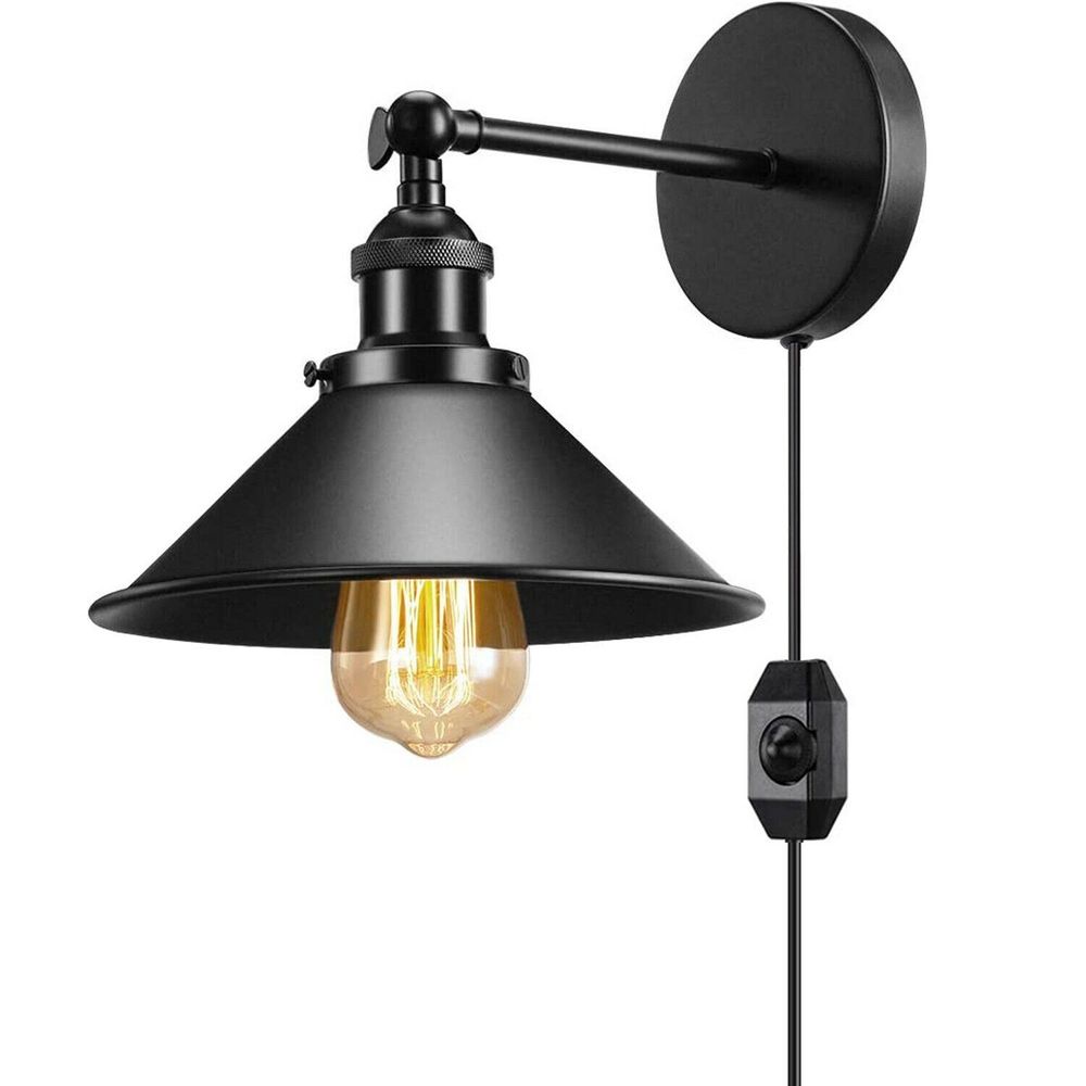 Modern Black Plugin Wall Light Fitting Cone Metal Shade Indoor Sconce Light - SILVIONIX