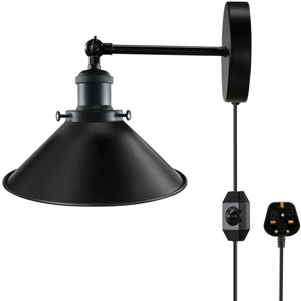 Modern Black Plugin Wall Light Fitting Cone Metal Shade Indoor Sconce Light - SILVIONIX