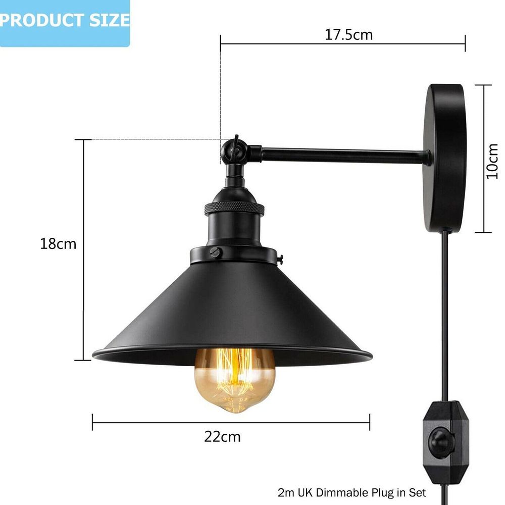 Modern Black Plugin Wall Light Fitting Cone Metal Shade Indoor Sconce Light - SILVIONIX