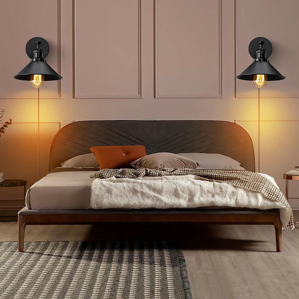 Modern Black Plugin Wall Light Fitting Cone Metal Shade Indoor Sconce Light For Home - SILVIONIX