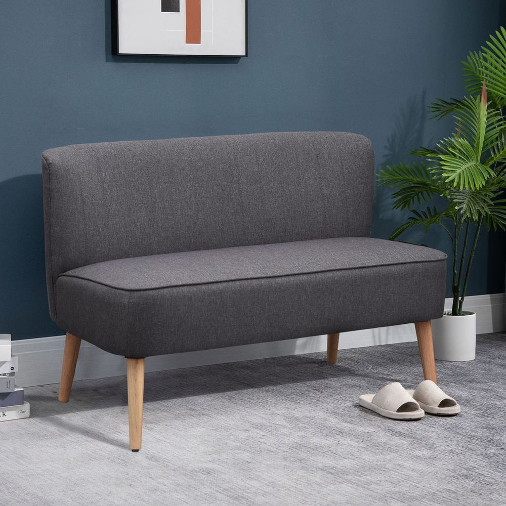 Modern Double Seat Sofa Loveseat Couch Padded Linen Wood Legs, Dark Grey - SILVIONIX