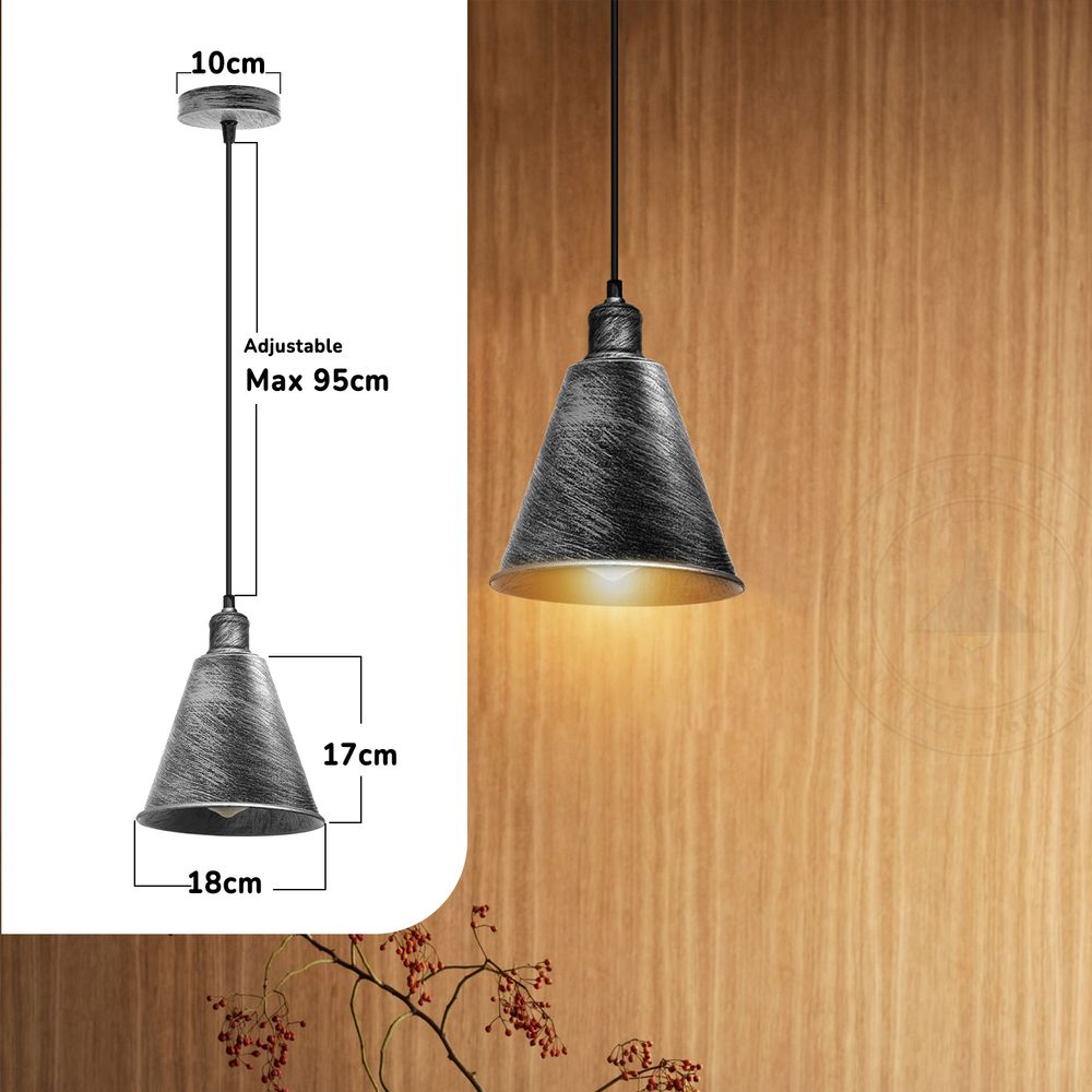 Modern Hanging Cone Shaped Pendant Light Fixture With Brushed Silver Colour Lampshade - SILVIONIX