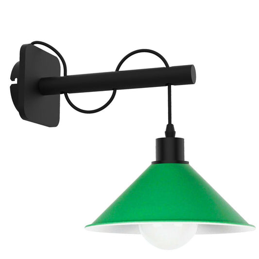 Modern Industrial Black Wall Light Wood Sconce Fitting Metal Green Cone Shape Shade Indoor Light Fixture - SILVIONIX