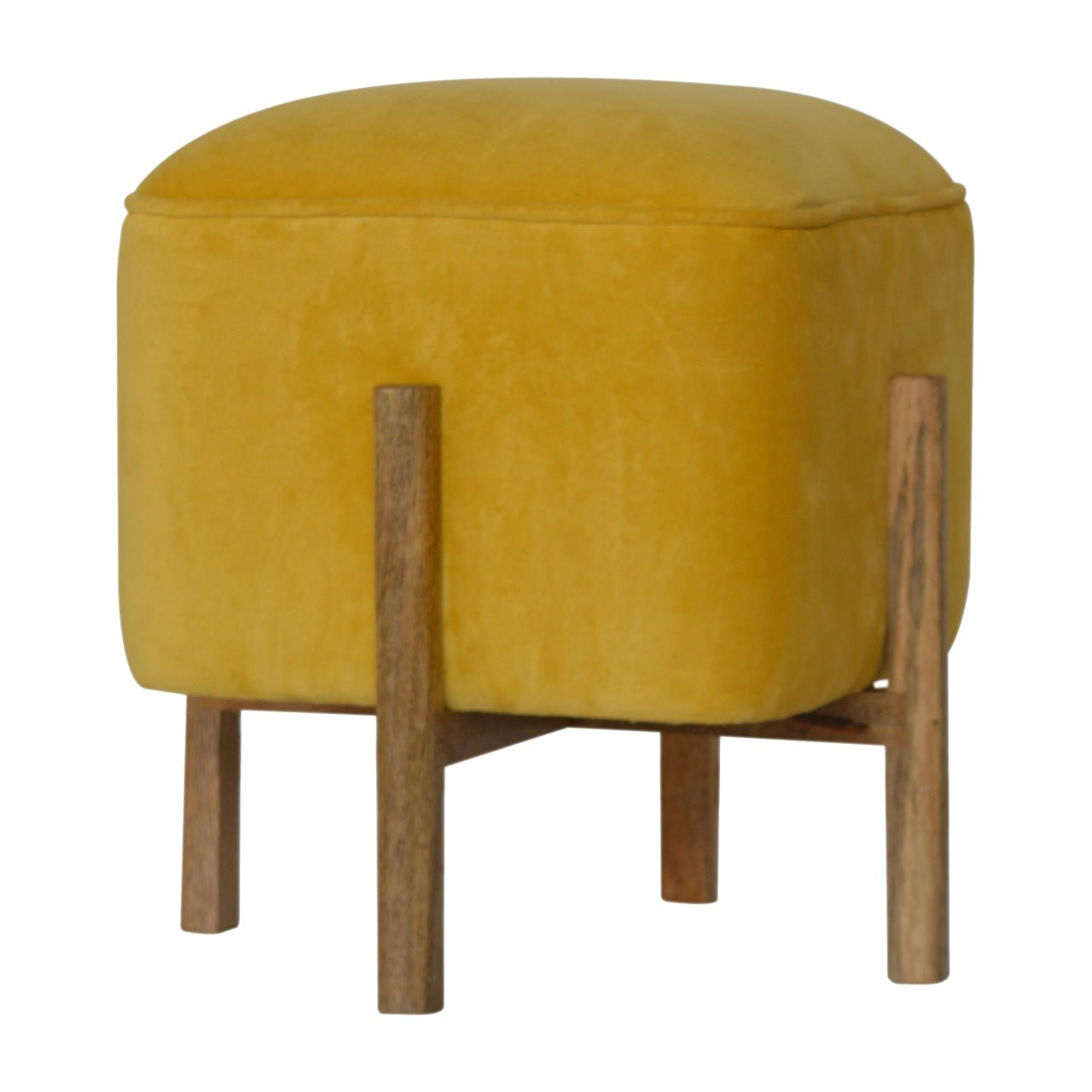 Mustard Velvet Footstool with Solid Wood Legs - SILVIONIX