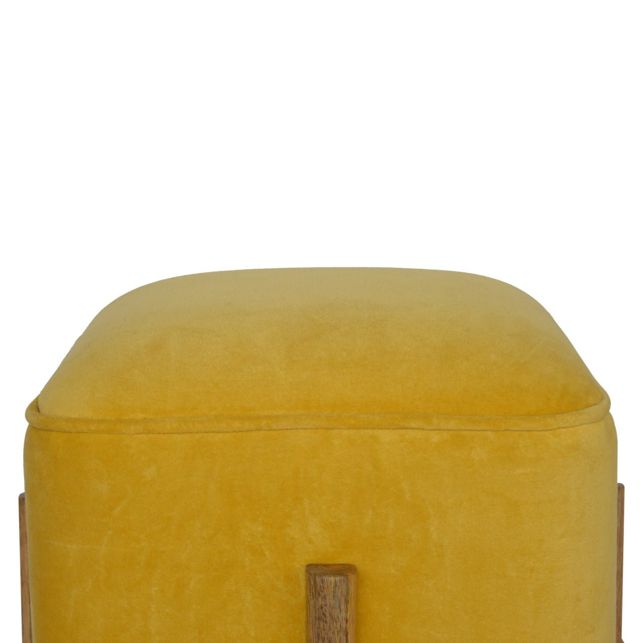 Mustard Velvet Footstool with Solid Wood Legs - SILVIONIX