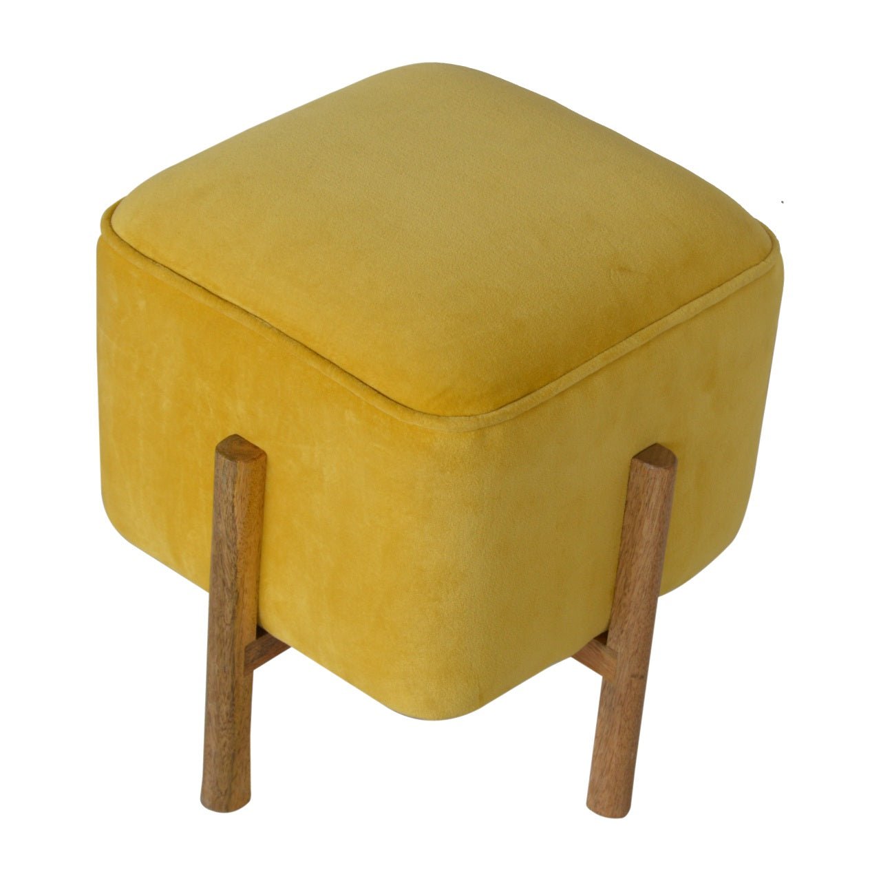 Mustard Velvet Footstool with Solid Wood Legs - SILVIONIX