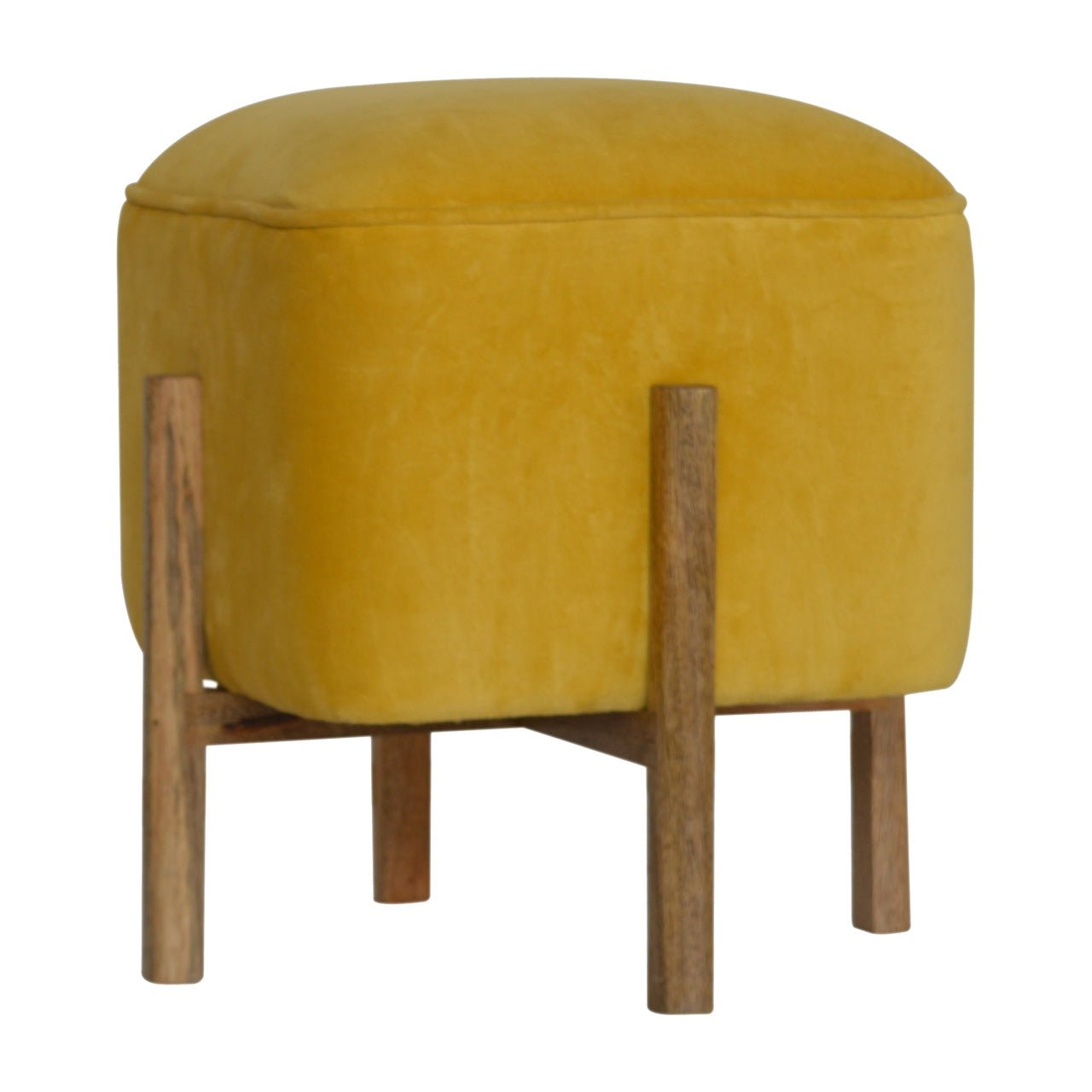 Mustard Velvet Footstool with Solid Wood Legs - SILVIONIX