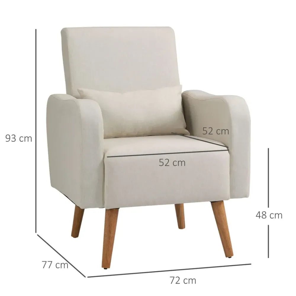 Nordic Armchair Linen - Touch Sofa Chair with Cushioned Pillow & Wood Legs Cream - SILVIONIX