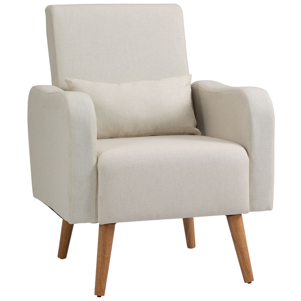 Nordic Armchair Linen - Touch Sofa Chair with Cushioned Pillow & Wood Legs Cream - SILVIONIX