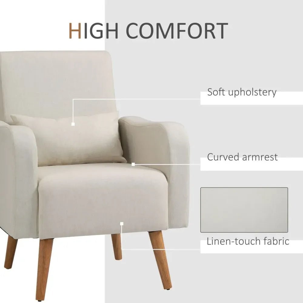 Nordic Armchair Linen - Touch Sofa Chair with Cushioned Pillow & Wood Legs Cream - SILVIONIX