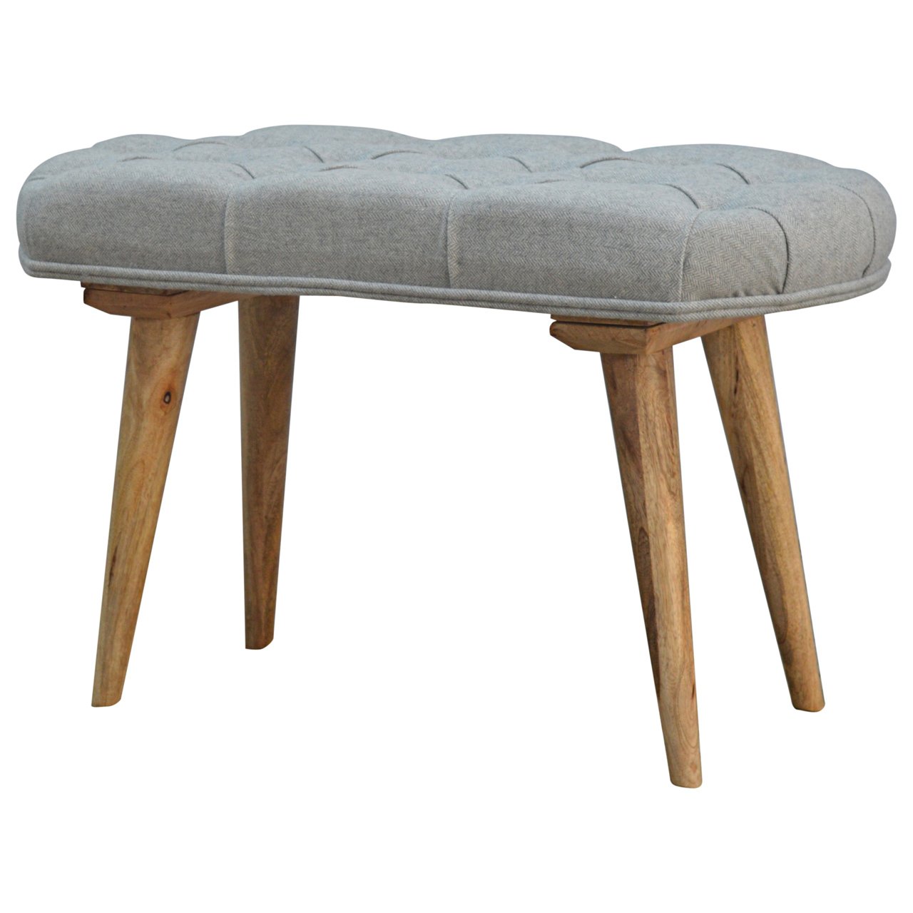 Nordic Style Bench with Deep Buttoned Grey Tweed Top - SILVIONIX