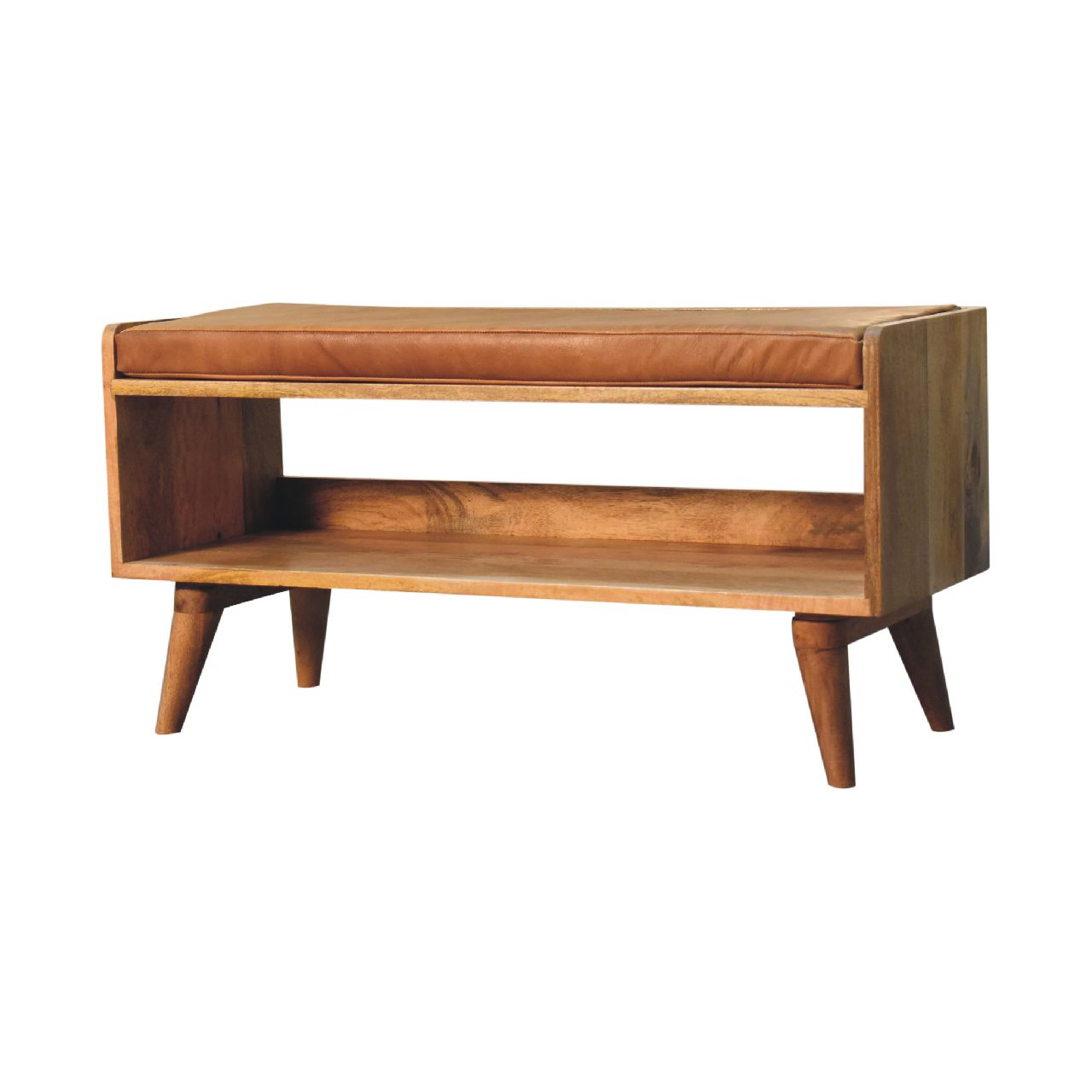 Oak - ish Bench with Tan Leather Seatpad - SILVIONIX