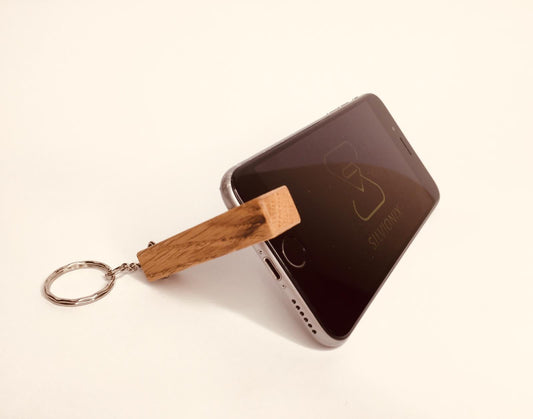 Oak Keyring Phone Stand and Holder, Key Chain Smartphone Holder, Wood Gift - SILVIONIX