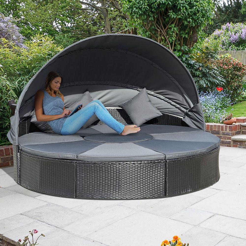 Outdoor Garden Daybed Set w/ Cushioned Round Sofa Bed Conversation Furnitur - SILVIONIX