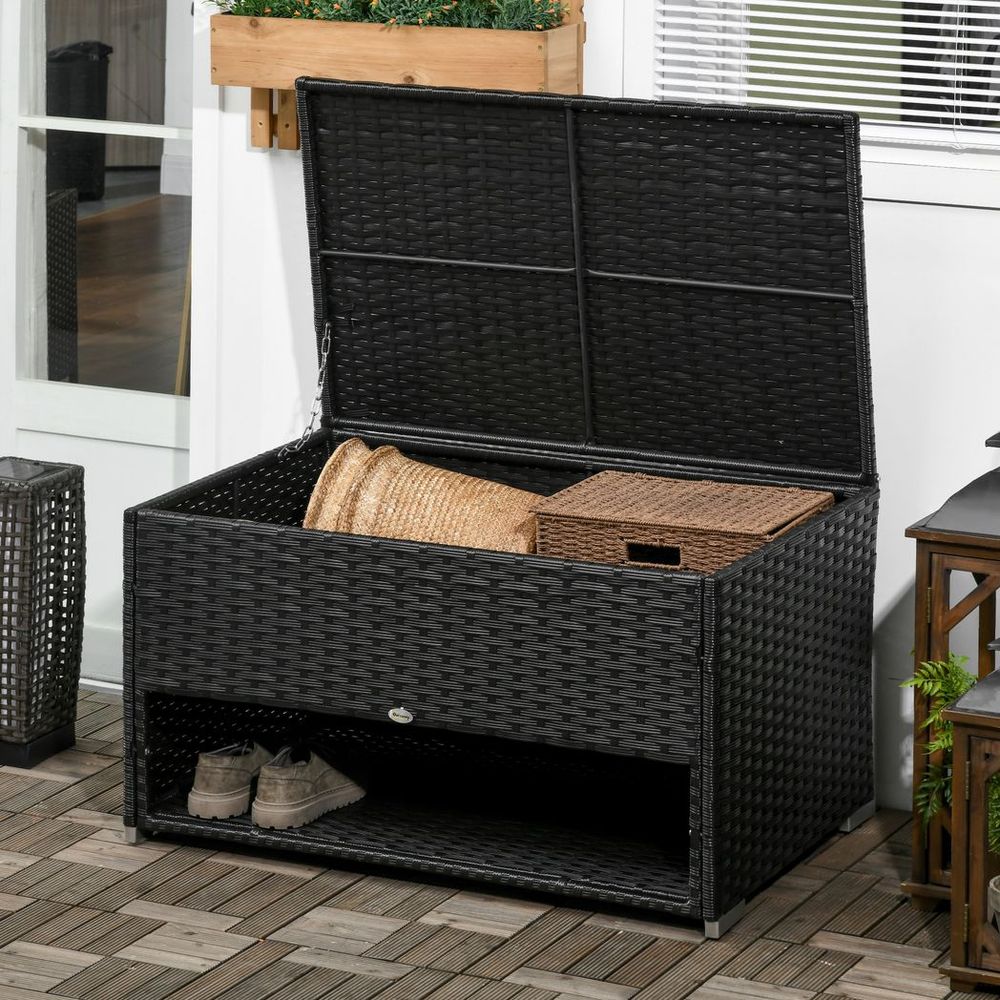 Outdoor Rattan Garden Storage Box, PE Wicker Deck Doxes w/ Shoe Layer - SILVIONIX