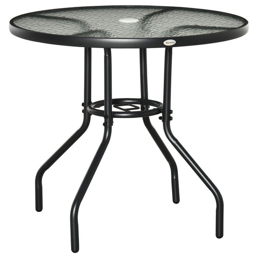 Outdoor Round Dining Table Tempered Glass Top Steel w/ Parasol Hole 80cm - SILVIONIX