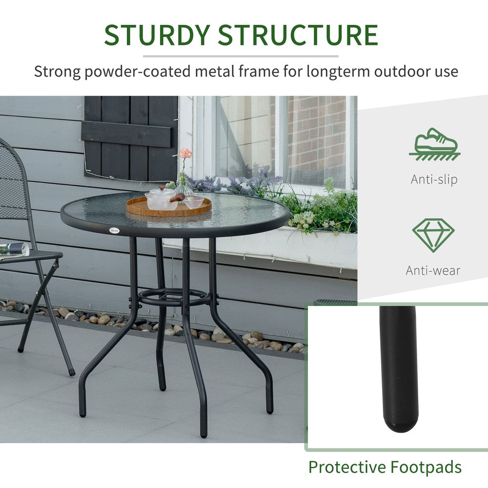 Outdoor Round Dining Table Tempered Glass Top Steel w/ Parasol Hole 80cm - SILVIONIX