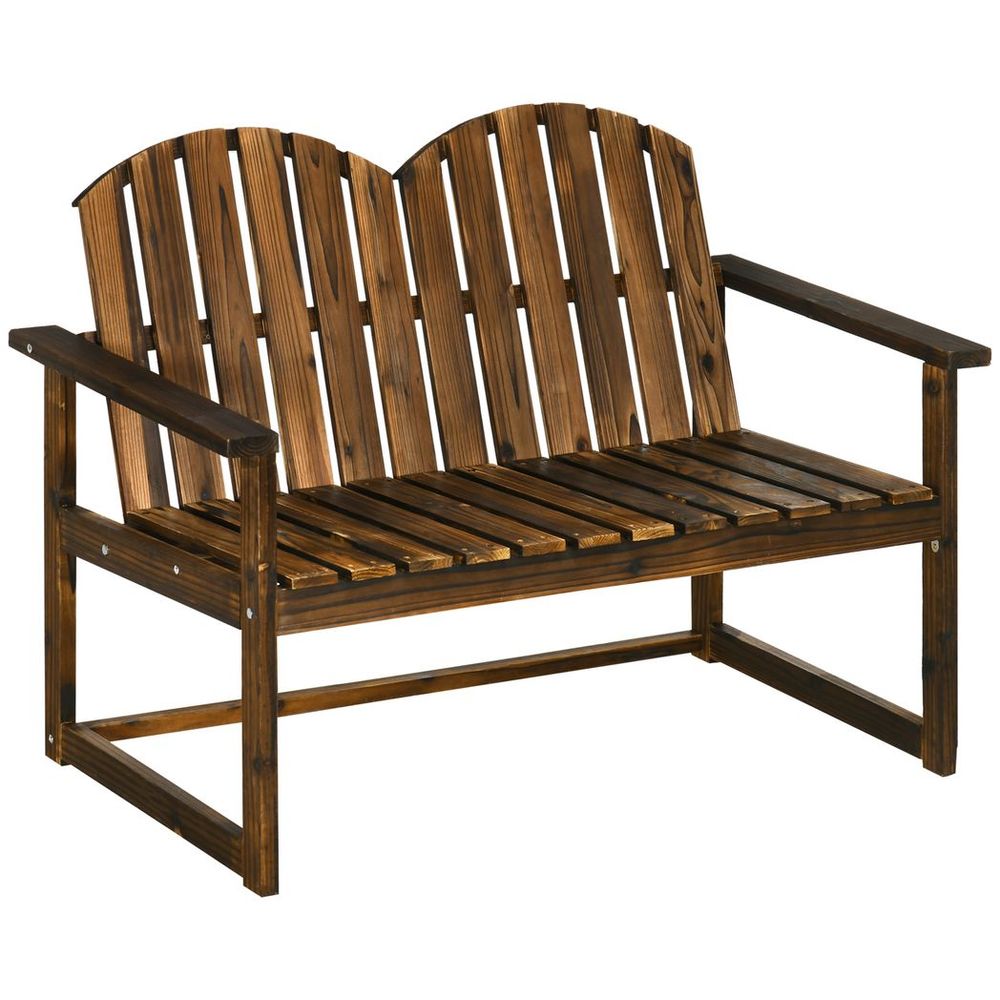 Outdoor Wooden Bench for Two People, Patio Loveseat Chair with Slatted Backrest - SILVIONIX