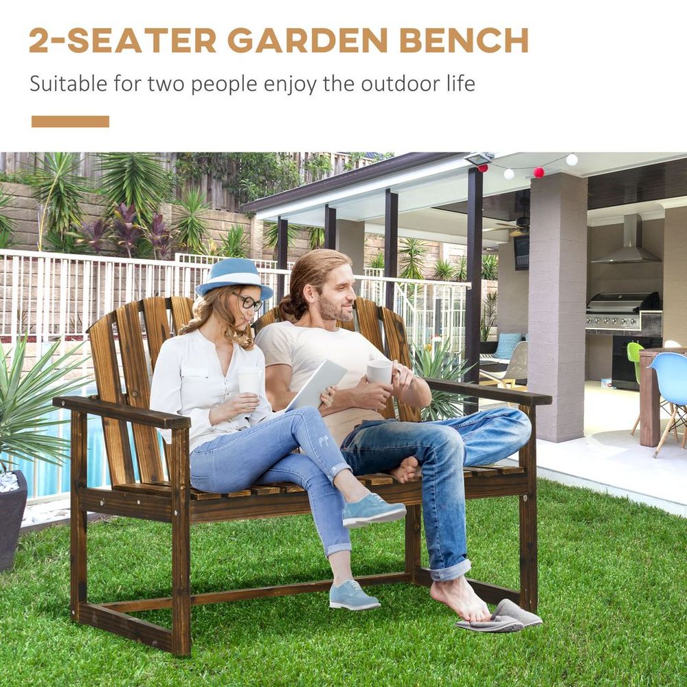 Outdoor Wooden Bench for Two People, Patio Loveseat Chair with Slatted Backrest - SILVIONIX