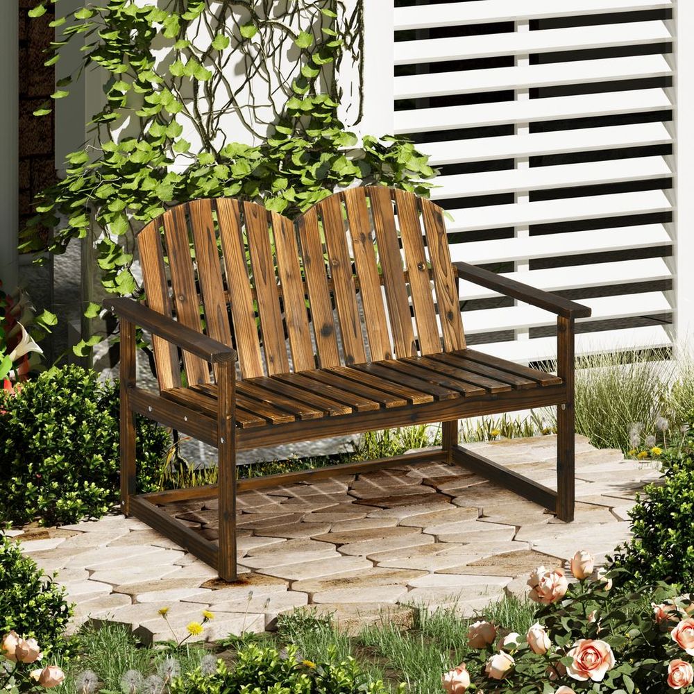 Outdoor Wooden Bench for Two People, Patio Loveseat Chair with Slatted Backrest - SILVIONIX