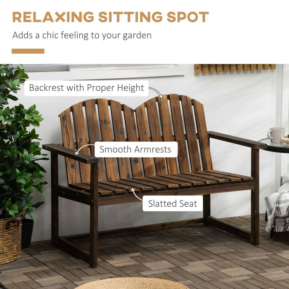 Outdoor Wooden Bench for Two People, Patio Loveseat Chair with Slatted Backrest - SILVIONIX