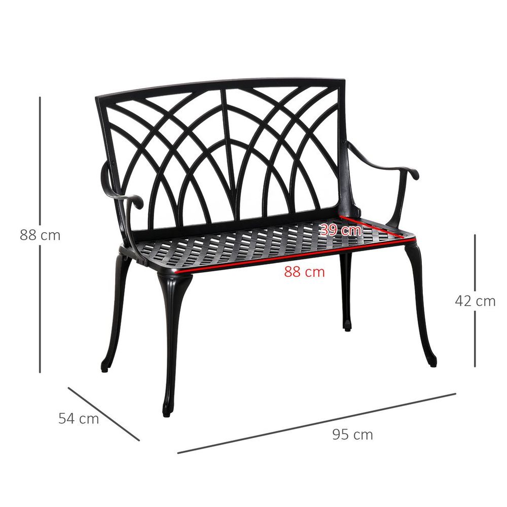 Outsunny 2 - Seater Cast Aluminium Garden Bench Loveseat Ergonomic Armrest - SILVIONIX