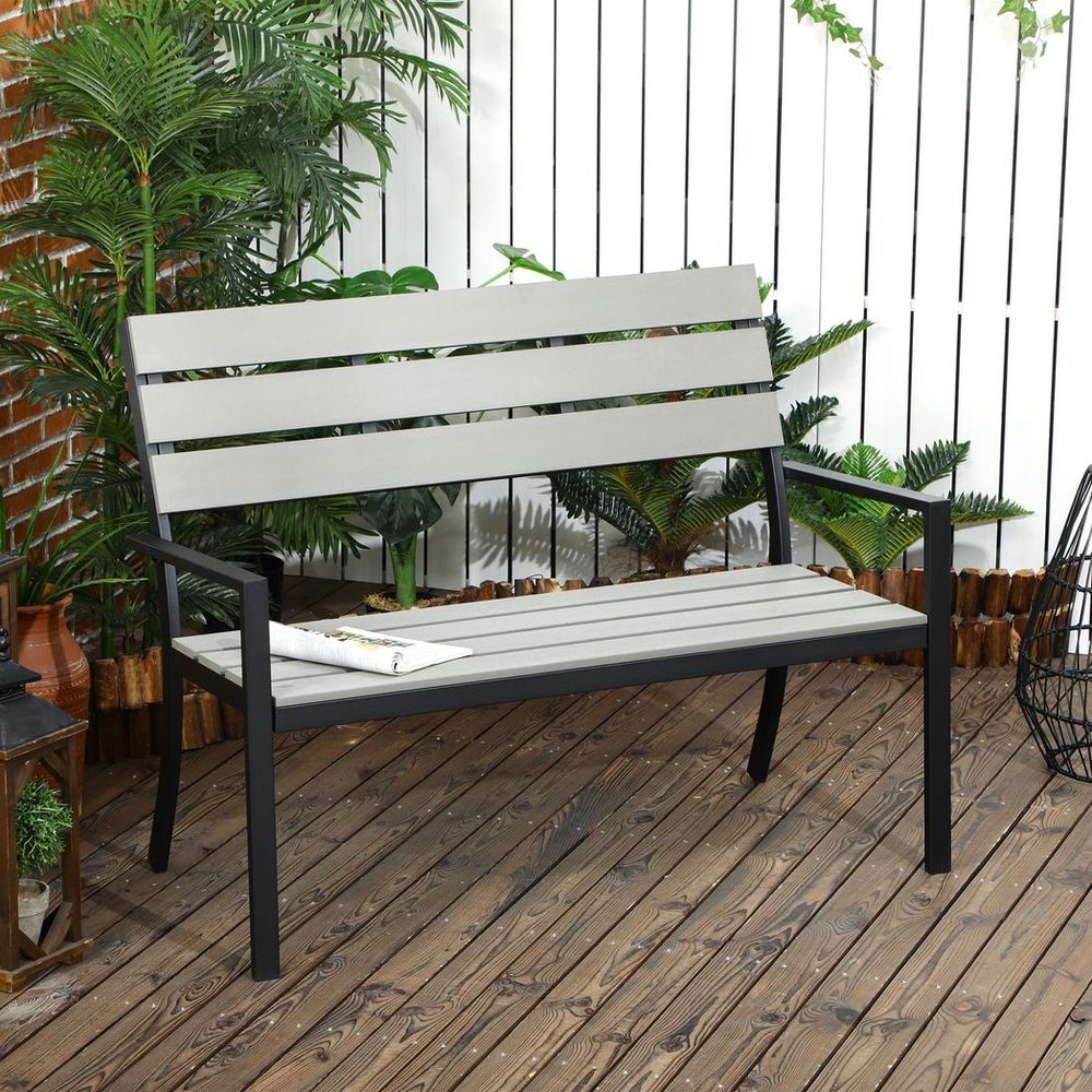 Outsunny 2 Seater Garden Bench with Steel Frame Garden Loveseat 122x65x92cm Grey - SILVIONIX