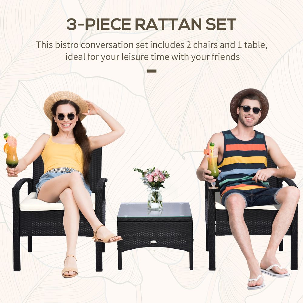 Outsunny 2 Seater Rattan Bistro Set, Steel - Black - SILVIONIX