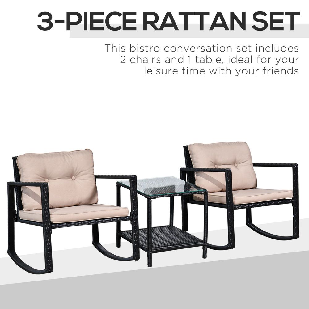 Outsunny 2 Seater Rattan Rocking Set W/Cushion - Black/Beige - SILVIONIX