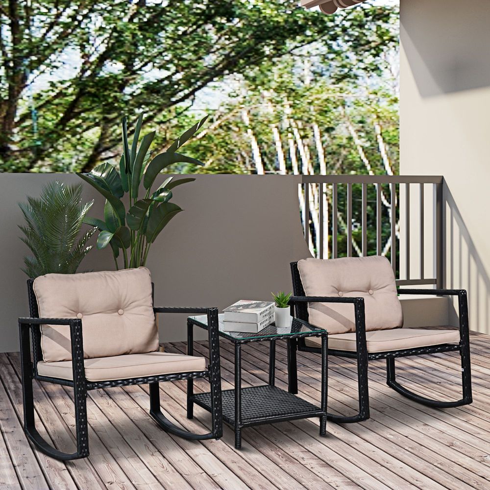 Outsunny 2 Seater Rattan Rocking Set W/Cushion - Black/Beige - SILVIONIX