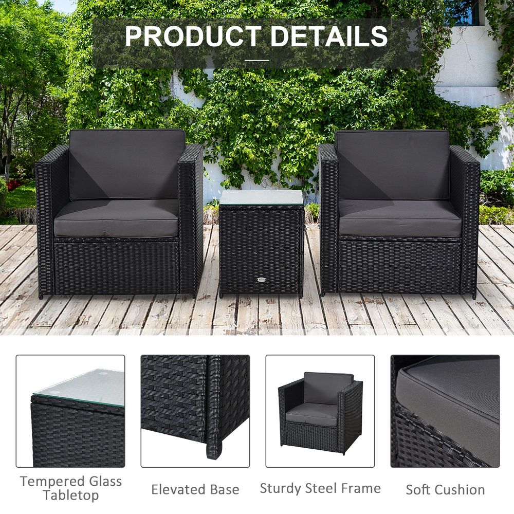 Outsunny 2 Seater Rattan Sofa Furniture Set W/Cushions, Steel Frame - Black - SILVIONIX