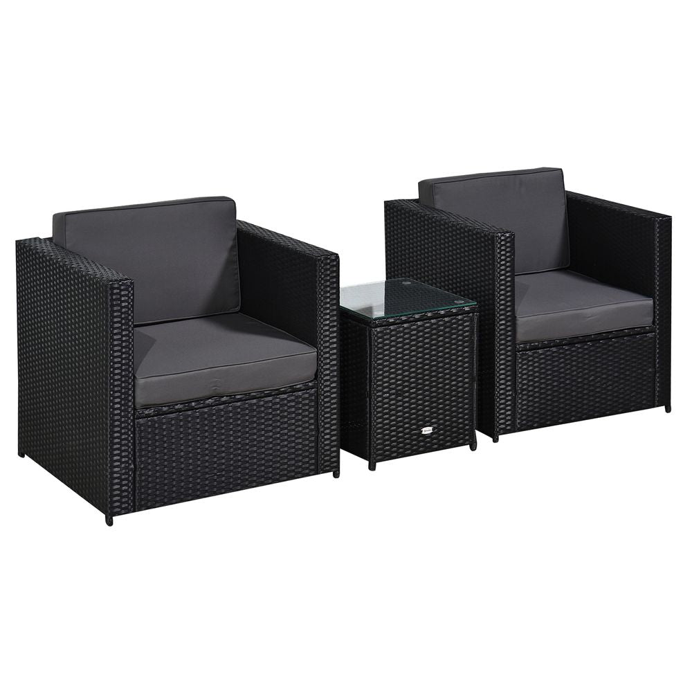 Outsunny 2 Seater Rattan Sofa Furniture Set W/Cushions, Steel Frame - Black - SILVIONIX