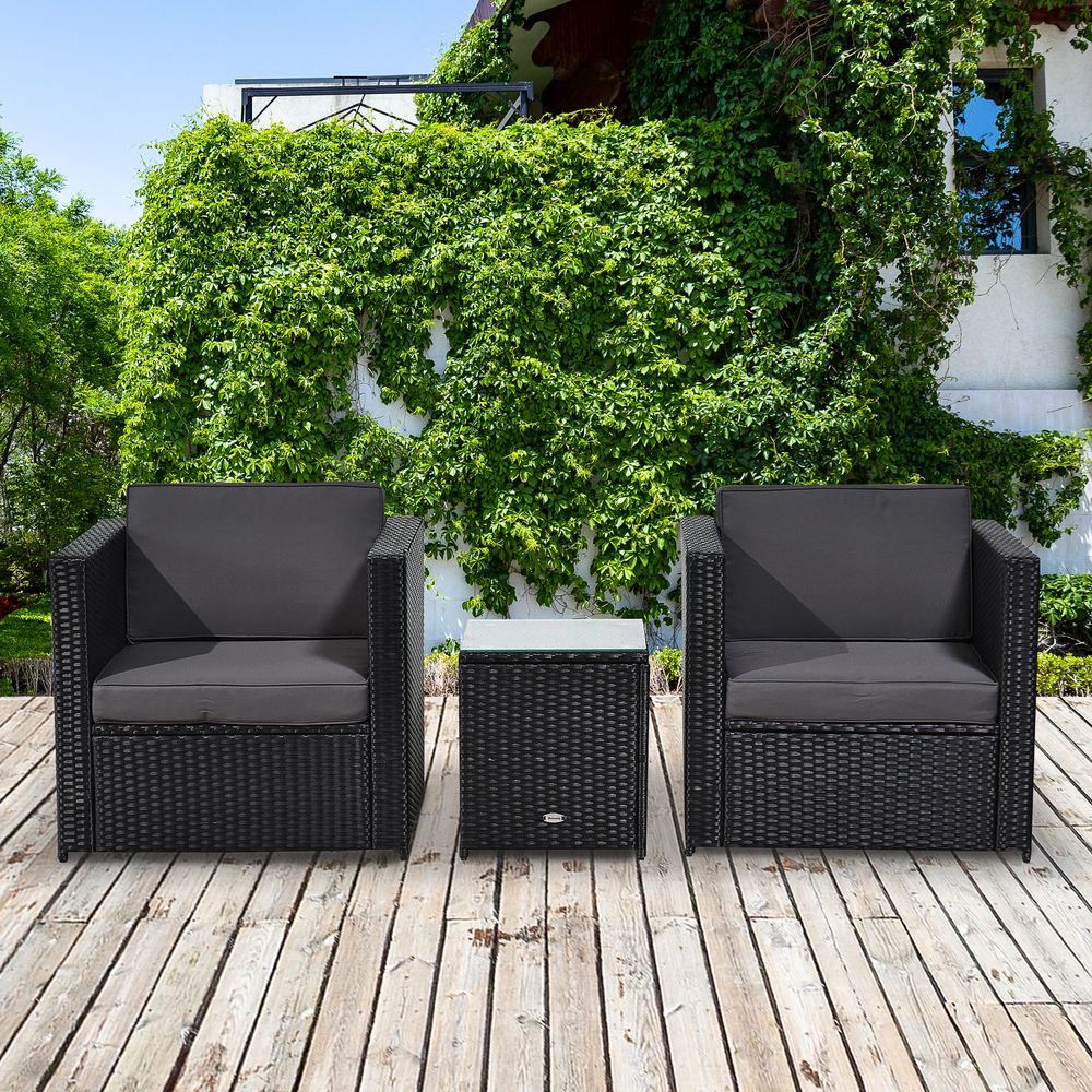 Outsunny 2 Seater Rattan Sofa Furniture Set W/Cushions, Steel Frame - Black - SILVIONIX