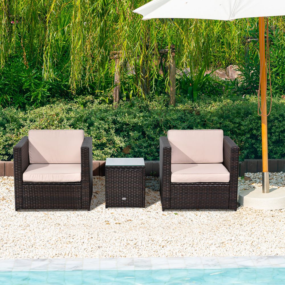 Outsunny 2 Seater Rattan Sofa Furniture Set W/Cushions, Steel Frame - Brown - SILVIONIX