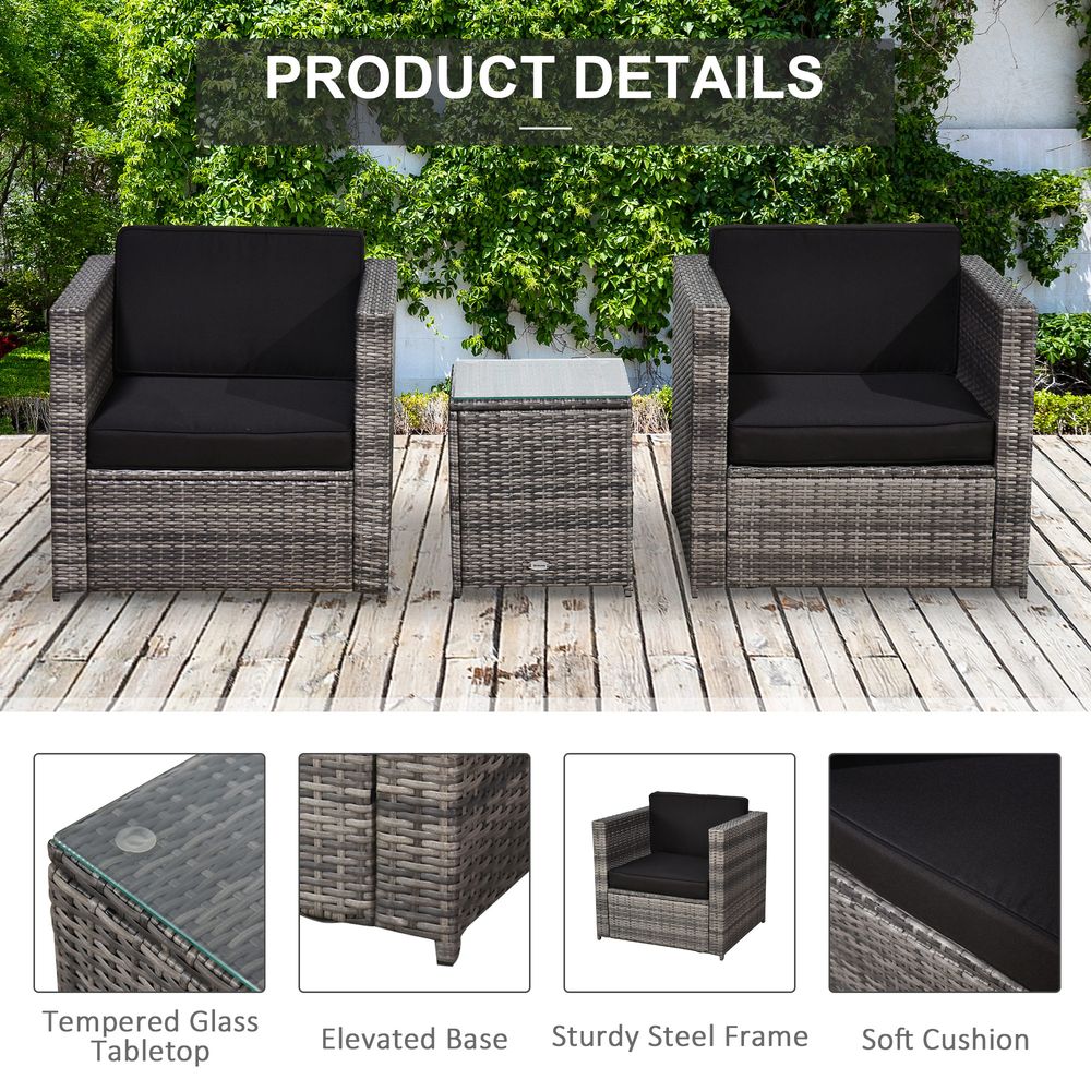 Outsunny 2 Seater Rattan Sofa Furniture Set W/Cushions, Steel Frame - Grey - SILVIONIX