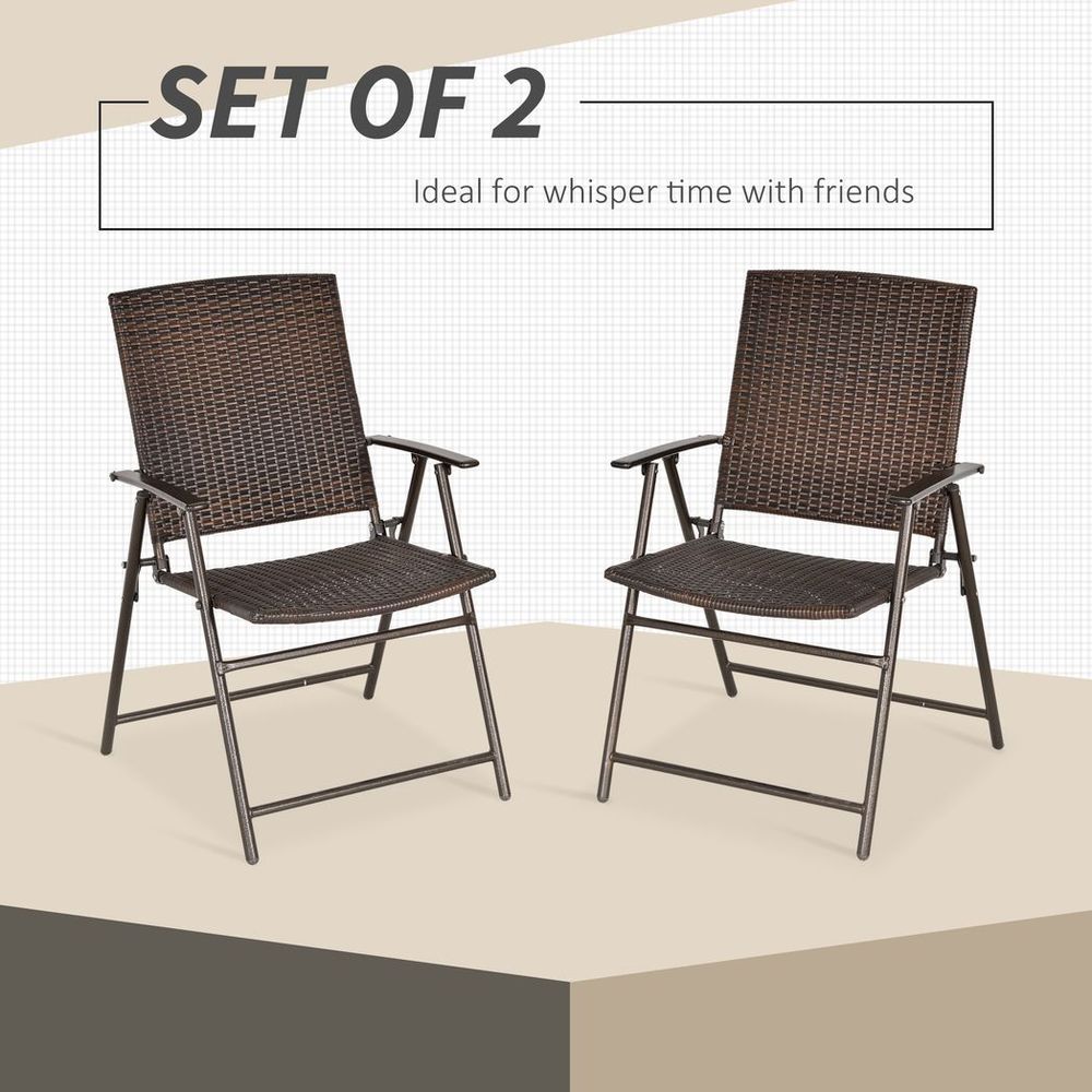 Outsunny 2pcs Rattan Chair Foldable Garden Furniture w/ Armrest Steel Frame - SILVIONIX