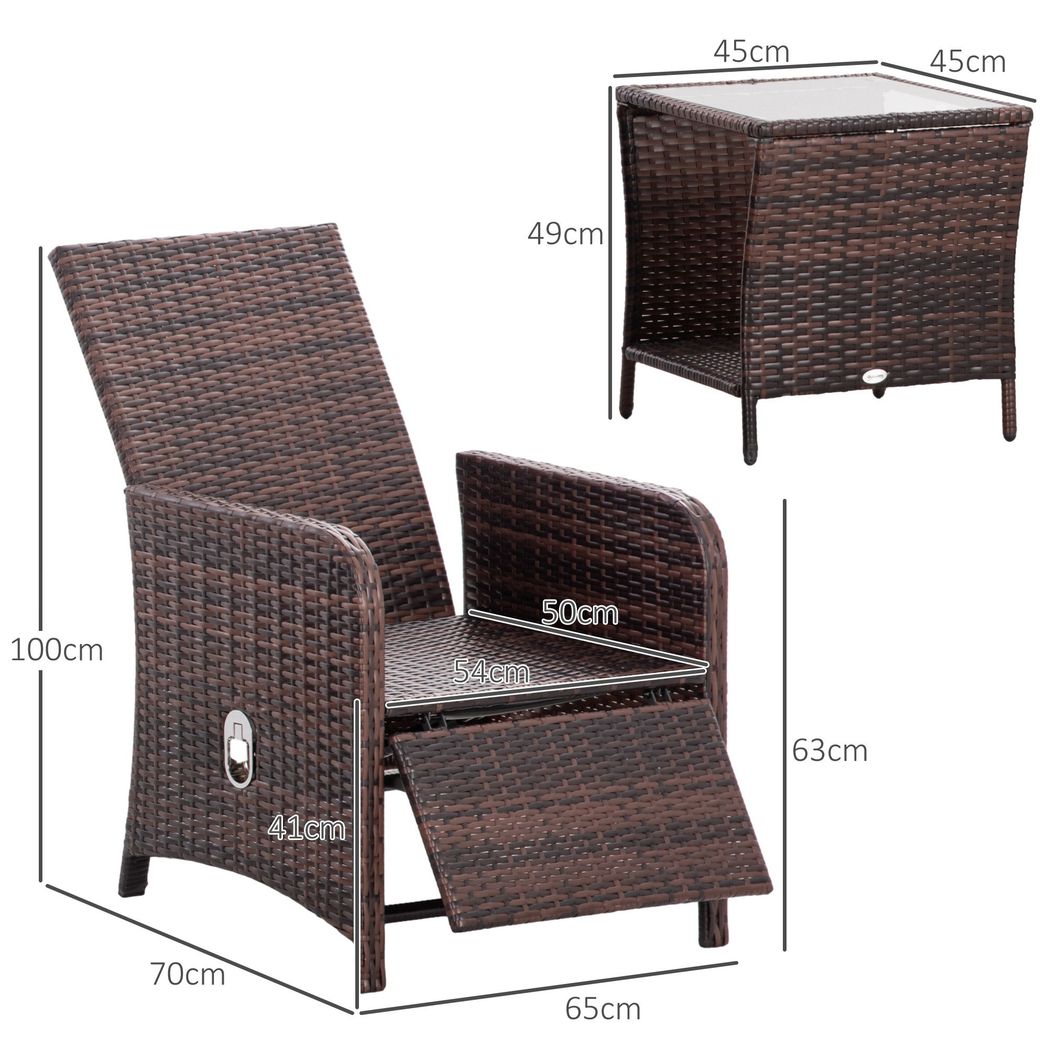 Outsunny 3 Pieces Rattan Bistro Set w/ Adjustable Backrest - Mixed - Brown - SILVIONIX