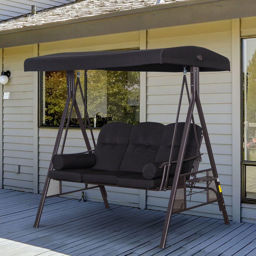 Outsunny 3 Seater Garden Swing Chair Patio Swing Bench w/ Cup Trays Black - SILVIONIX