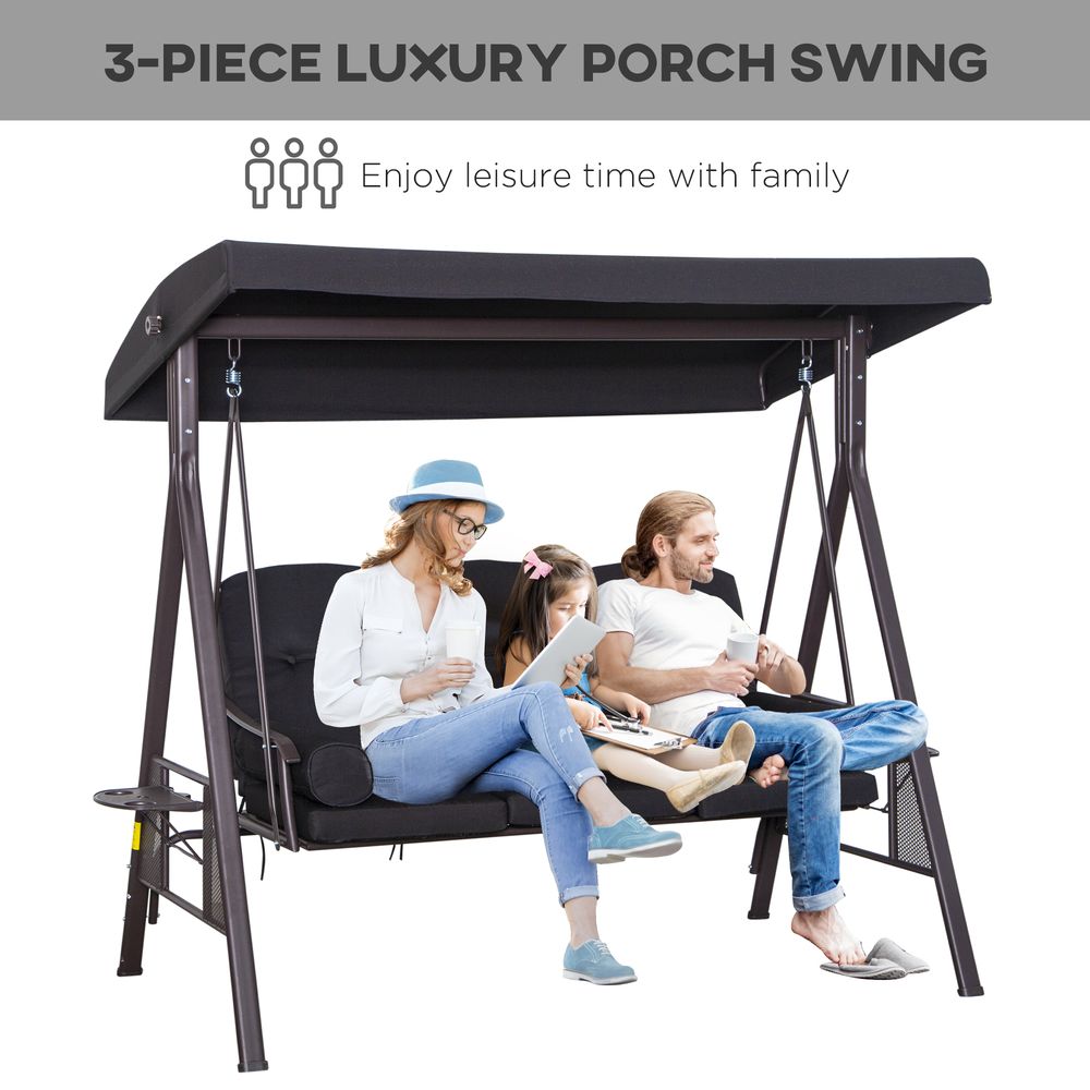 Outsunny 3 Seater Garden Swing Chair Patio Swing Bench w/ Cup Trays Black - SILVIONIX