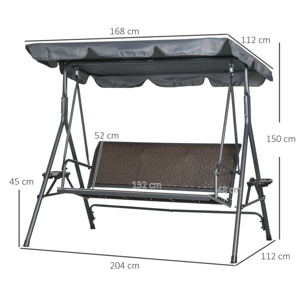 Outsunny 3 Seater Garden Swing Seat Bench with Adjustable Canopy, Rattan Seat - SILVIONIX