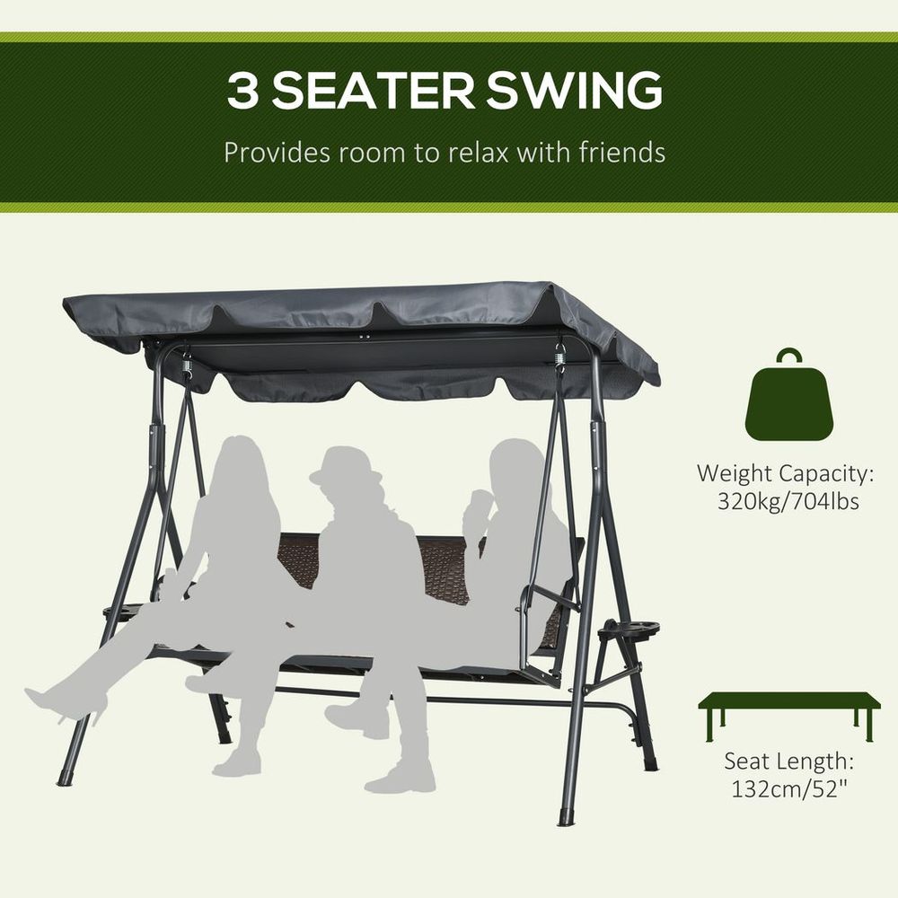 Outsunny 3 Seater Garden Swing Seat Bench with Adjustable Canopy, Rattan Seat - SILVIONIX