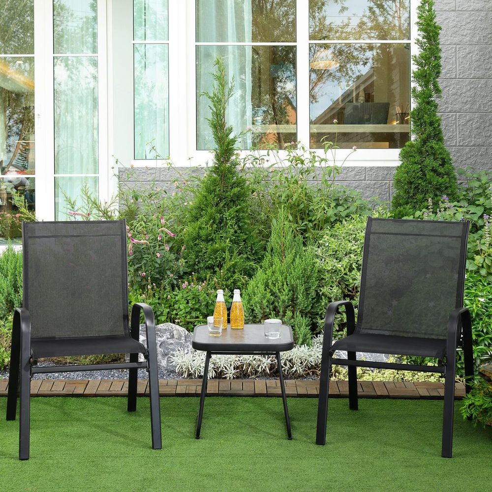 Outsunny 3PCs Bistro Set w/ Breathable Mesh Fabric & PSC Board Top Table, Black - SILVIONIX