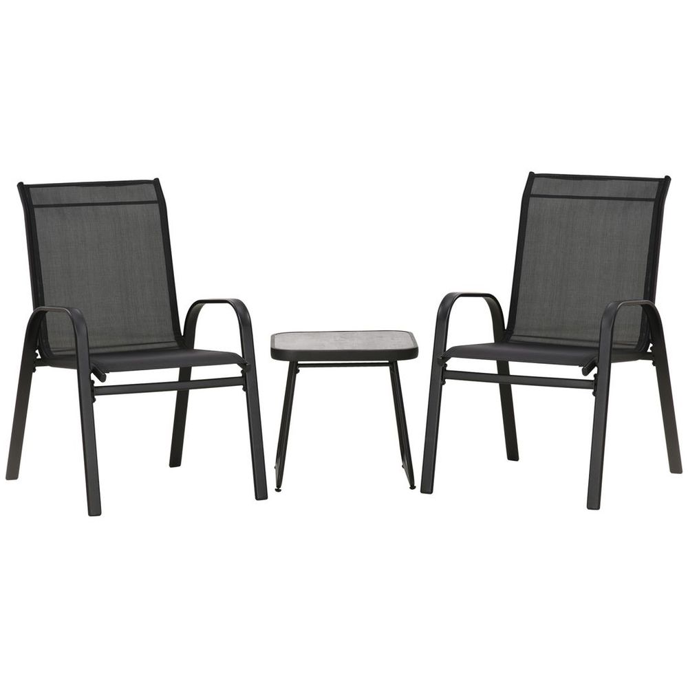 Outsunny 3PCs Bistro Set w/ Breathable Mesh Fabric & PSC Board Top Table, Black - SILVIONIX