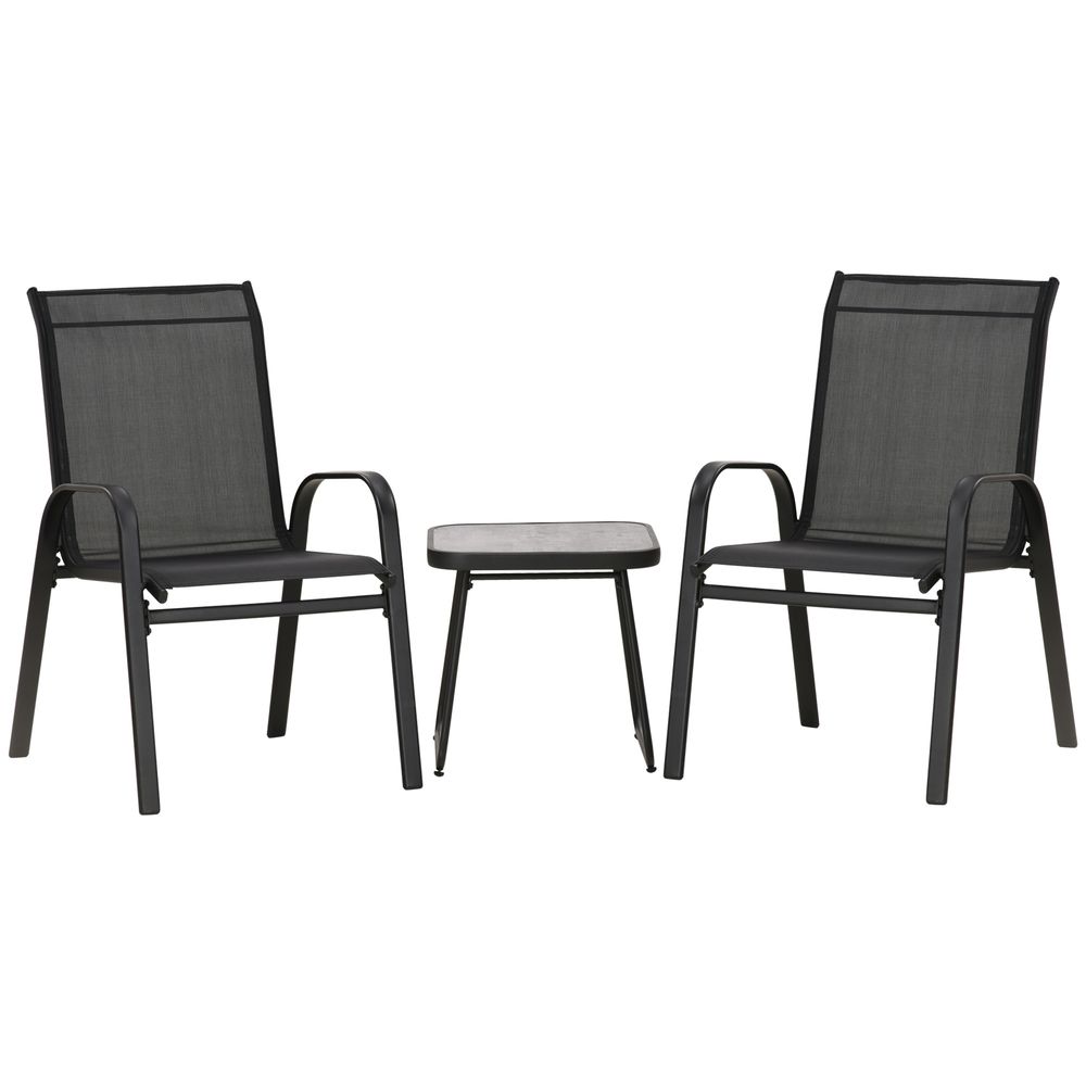 Outsunny 3PCs Bistro Set w/ Breathable Mesh Fabric & PSC Board Top Table, Black - SILVIONIX