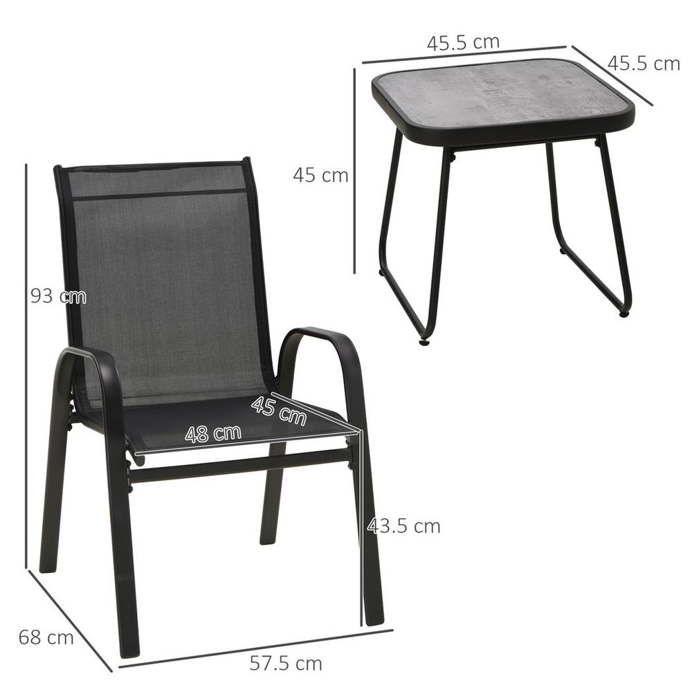 Outsunny 3PCs Bistro Set w/ Breathable Mesh Fabric & PSC Board Top Table, Black - SILVIONIX