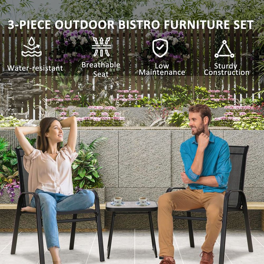 Outsunny 3PCs Bistro Set w/ Breathable Mesh Fabric & PSC Board Top Table, Black - SILVIONIX