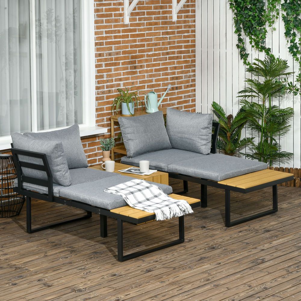 Outsunny 3PCs Patio Furniture Set w/ Cushions, Wood Grain Plastic Top Table - SILVIONIX