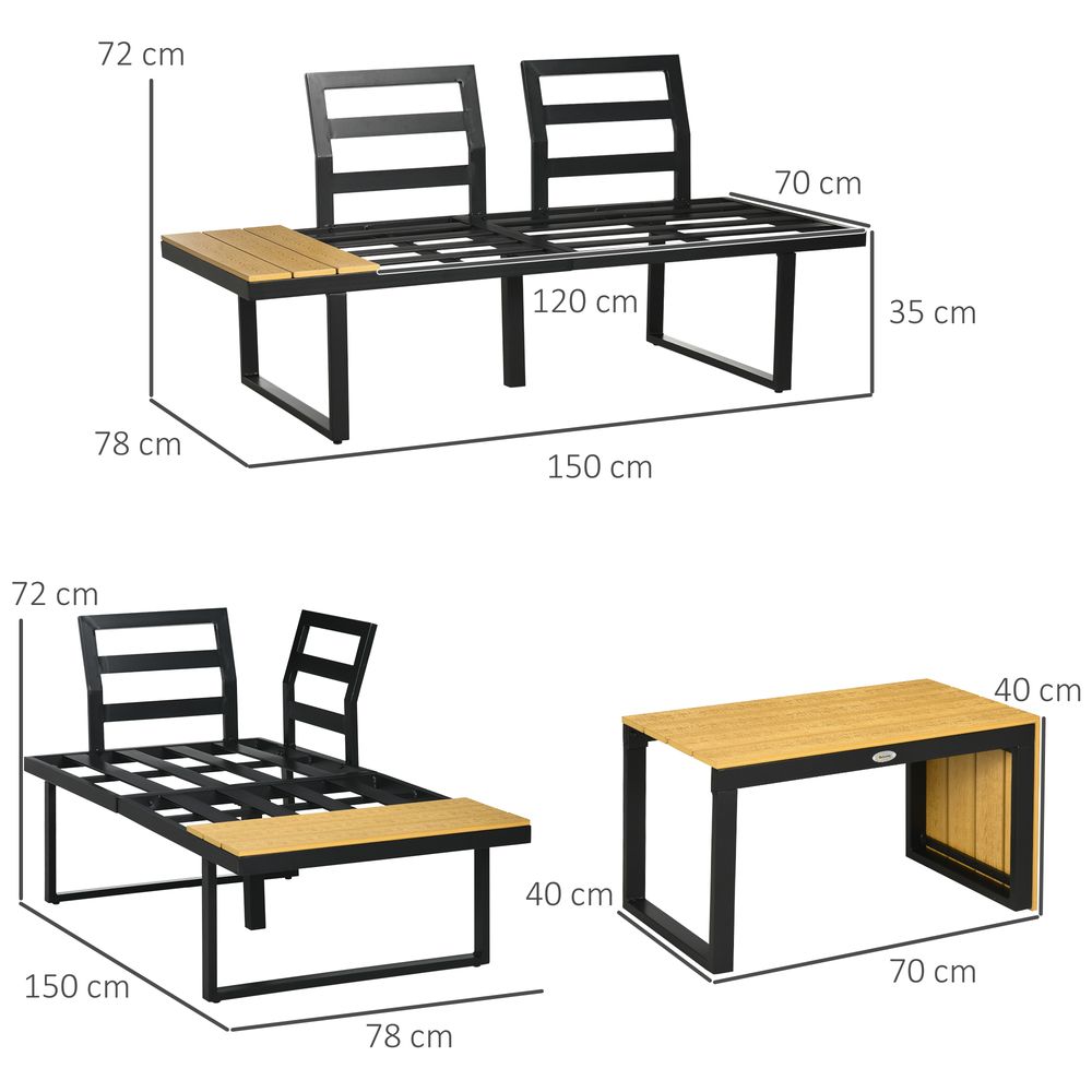 Outsunny 3PCs Patio Furniture Set w/ Cushions, Wood Grain Plastic Top Table - SILVIONIX