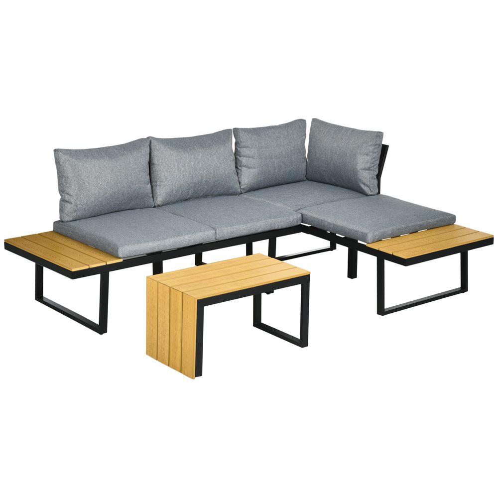 Outsunny 3PCs Patio Furniture Set w/ Cushions, Wood Grain Plastic Top Table - SILVIONIX