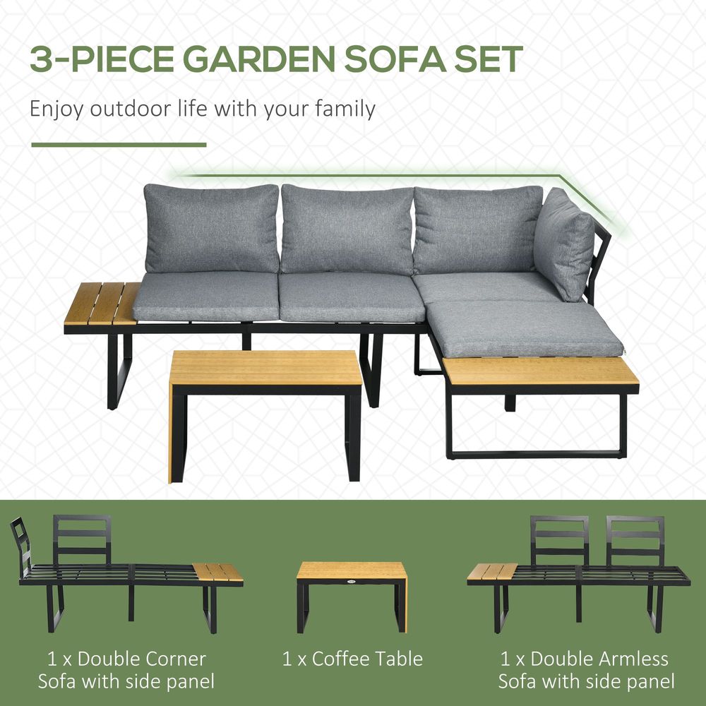 Outsunny 3PCs Patio Furniture Set w/ Cushions, Wood Grain Plastic Top Table - SILVIONIX